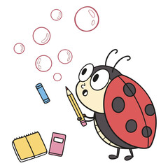 Whimsical Ladybug feeling Surprised in a Back to school setting with blowing bubbles – colored in Chalkboard Fun