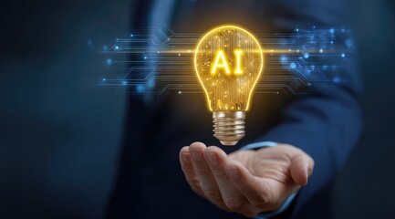 Businessperson holds glowing AI lightbulb
