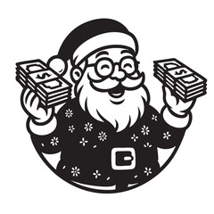 Santa Claus Holding Stacks of Money Depicted in a Black and White Vector Illustration cartoon