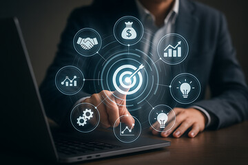 Fototapeta premium Businessman touching digital target icons, business strategy, goal achievement, financial growth, innovation, planning, success concept