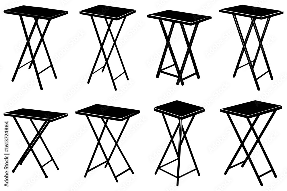 Poster illustration showing eight black folding tables with rectangular tops in varying perspectives and po