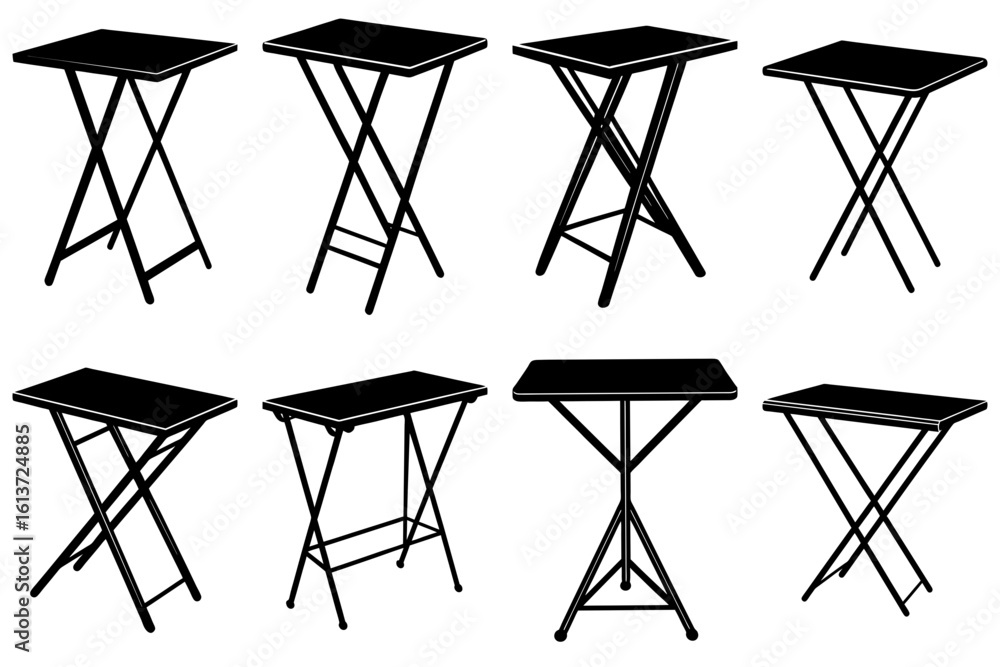 Poster illustration showing a collection of eight black folding tables in various orientations and styles