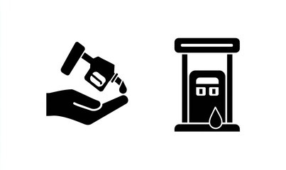 Two black icons, gas pump and hand holding fuel