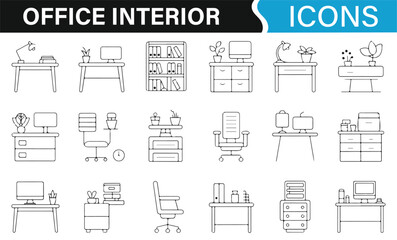 Office Interior Icons Set for Workplace Design and Interior Planning