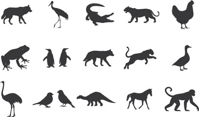 15+ Different animal silhouette set collection. Animal vector black and white editable eps file. Alligator, Amphibian, Chicken, Dinosaur, Dog, graphic, Duck, Horse, Monkey, Old Word