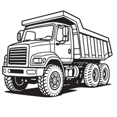 Detailed Black and White Line Art Illustration of a Heavy Duty Dump Truck on White Background