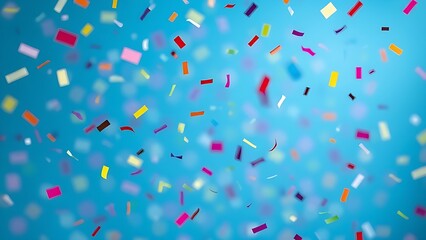 Colorful confetti floating in the air against a blue backdrop, capturing festive energy.