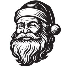 Detailed Black and White Illustration of Santa Claus with Hat and Long Flowing Beard black
