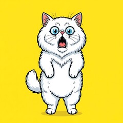Obraz premium Surprised white fluffy cat standing with wide eyes on yellow background cartoon vector