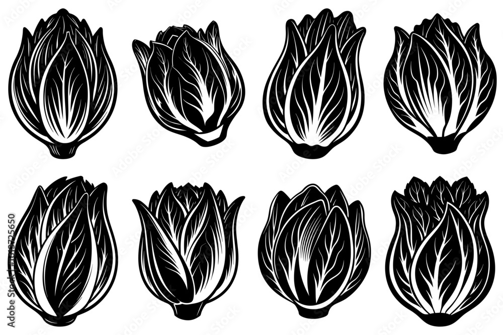 Poster a collection of eight stylized black and white endive heads arranged in a symmetrical pattern design
