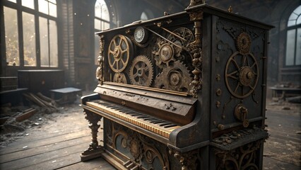Vintage wooden piano in an ancient church interior, a classic antique object with gold and metal decorations