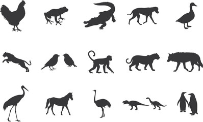 15+ Different animal silhouette set collection. Animal vector black and white editable eps file. Alligator, Amphibian, Chicken, Dinosaur, Dog, graphic, Duck, Horse, Monkey, Old Word