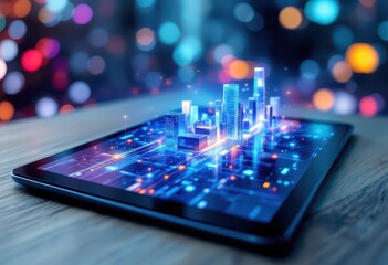 Digital city model displayed on a tablet.