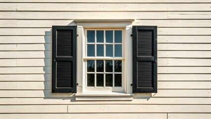 Fototapeta premium Classic Wooden House Window with Black Shutters and Cream Siding in Daylight