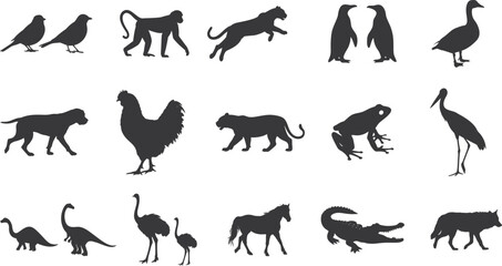 15+ Different animal silhouette set collection. Animal vector black and white editable eps file. Alligator, Amphibian, Chicken, Dinosaur, Dog, graphic, Duck, Horse, Monkey, Old Word