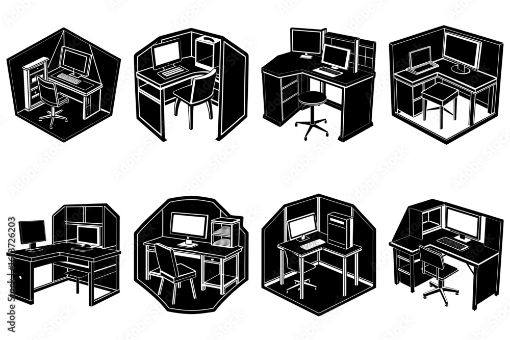 Poster isometric illustration showcasing eight different workstation setups with computers and chairs