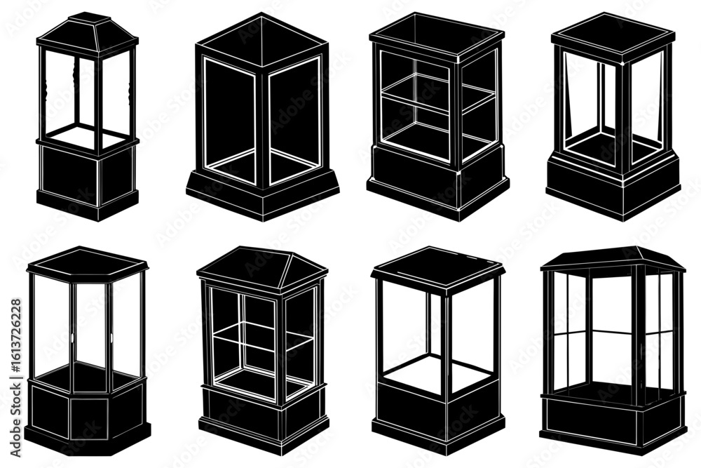 Poster illustration showing a collection of eight black and white display cases with varying shapes and des