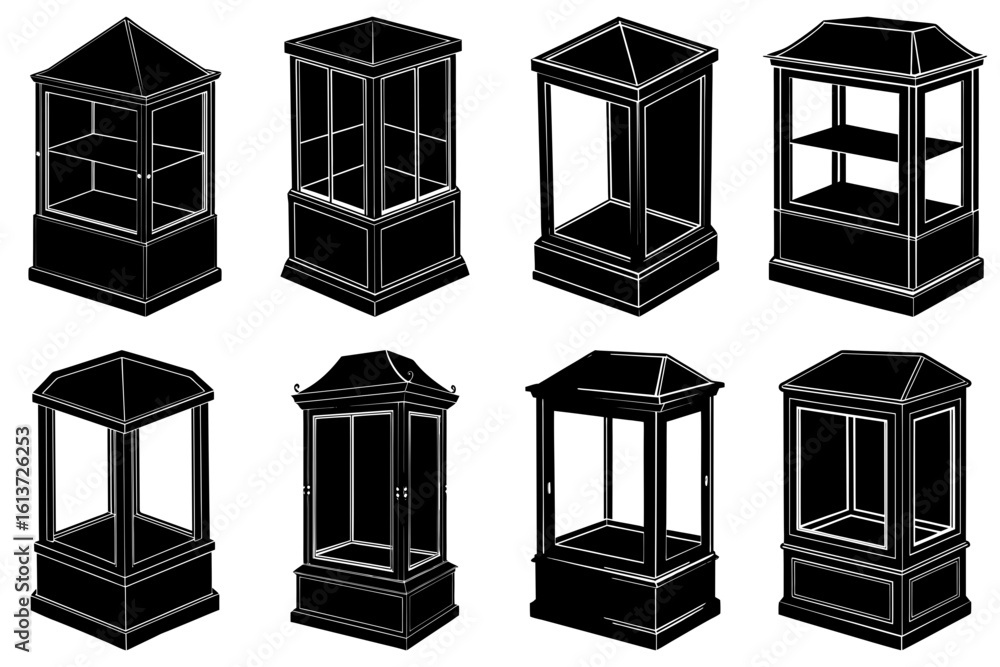 Aufkleber illustration showing eight display cases with various shapes and designs in black and white format s