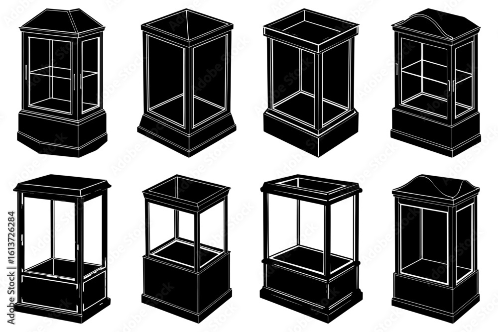 Aufkleber isometric view of eight display cases in black and white with varied shapes and sizes on a white bac