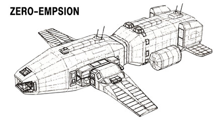 Detailed line drawing of a futuristic spacecraft with wings and multiple compartments, labeled "ZERO-EMPSION".