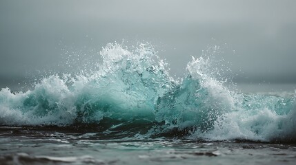 Naklejka premium Powerful ocean wave crashing with white foam and spray under a cloudy sky