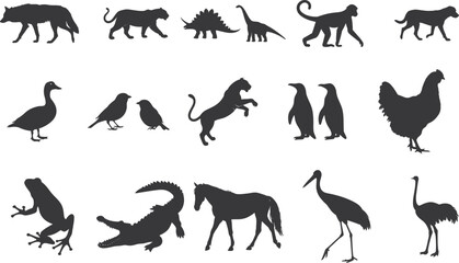 15+ Different animal silhouette set collection. Animal vector black and white editable eps file. Alligator, Amphibian, Chicken, Dinosaur, Dog, graphic, Duck, Horse, Monkey, Old Word
