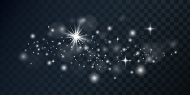 Vector silver white shimmering starry background, glitter on transparent background. Light effect. Vector shimmering glitter effect. Sun glare with rays and highlights. Stars shine, sparkles twinkle.	