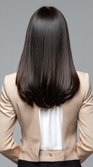 Naklejka premium Beautiful woman from the back with long, silky hair highlights elegance and style, framed by a simple grey backdrop.