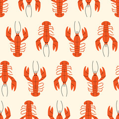 Obraz premium Seamless pattern with lobsters. Summer groovy wallpaper in retro style. Mediterranean seafood vector flat background