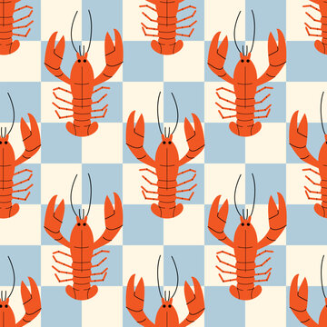 Seamless pattern with lobsters in checkered background. Summer groovy wallpaper in retro style. Mediterranean seafood vector flat illustration