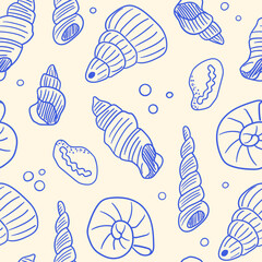 Seamless pattern with hand drawn sea shells. Summer marine vector background in sketch style. Vintage ocean creatures and shells