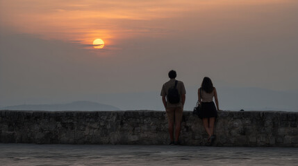 couple enjoys peaceful moment together gazing at breathtaking sunset from ancient stone wall