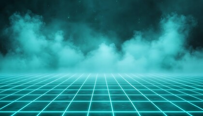 Neon Turquoise Grid Aesthetic with Abstract Fog Layers and Vintage Light