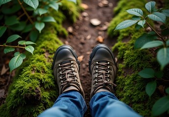 Hiking Boots on Mossy Trail in Nature