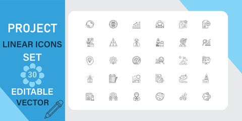 Thirty editable vector linear icons for project management, including planning, teamwork, and progress symbols. 