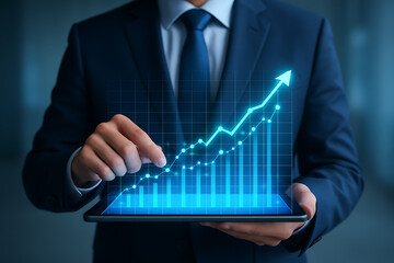 Businessman using tablet with digital growth chart, financial success, business analytics, upward trend, data visualization, performance metrics