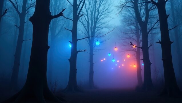 Enchanted forest with glowing orbs trees mist