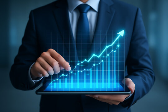 Businessman using tablet with digital growth chart, financial success, business analytics, upward trend, data visualization, performance metrics - Powered by Adobe