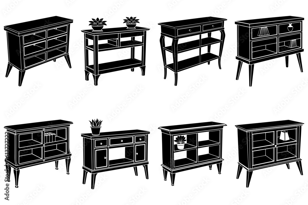 Poster illustration of eight different styles of console tables with varying designs and storage options sh