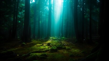 Naklejka premium Mysterious glowing light beam illuminates a mossy forest floor