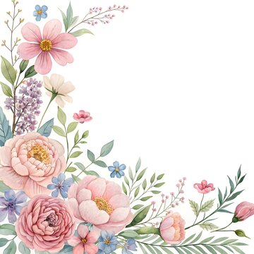 &ldquo;Delicate watercolor corner floral border with pink peonies and wildflowers.&rdquo;