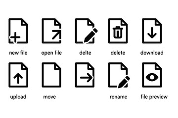 Set of monochrome file-related icons with text labels, modern minimalistic design