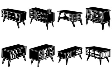 Obraz premium Isometric view of eight black cabinets with shelves and various designs on a white background art