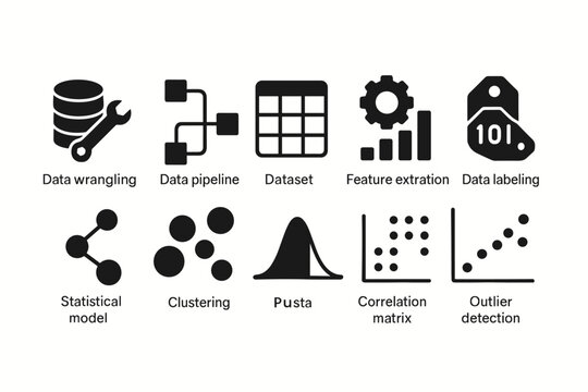 Set of ten black outline icons illustrating data science and analysis concepts