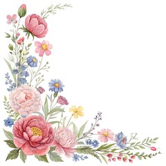&ldquo;Delicate watercolor corner floral border with pink peonies and wildflowers.&rdquo;