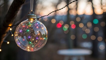 Gold and red baubles, festive glass ornaments, and sparkling lights adorn a winter Christmas tree branch, perfect for holiday celebrations