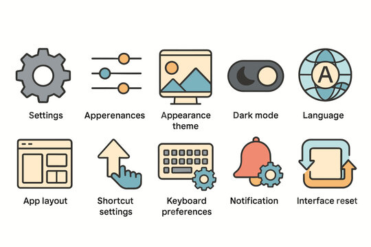 Set of outline user settings icons in soft color palette for app customization
