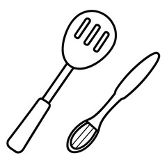 Clean line art illustration of a spoon and spatula set perfect for culinary or kitchen themed designs
