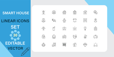 Thirty editable vector icons depicting smart home automation features, including security, climate control, and energy management.