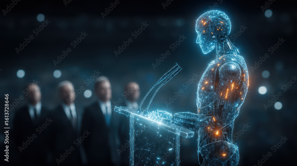 Poster ai robot answers complex questions at university podium while professors leave, illustrating job dis
